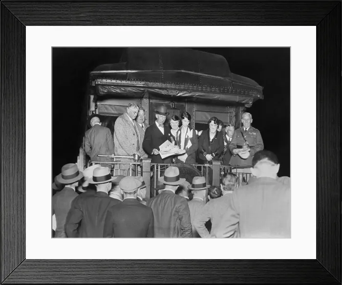 Framed Print : Democratic Presidential Candidate Al Smith on the rear of train, in Chicago. In 1928 he was taking his campaign to the Western States Framed Print : Democratic Presidential Candidate Al Smith on the rear of train, in Chicago. In 1928 he was taking his campaign to the Western States