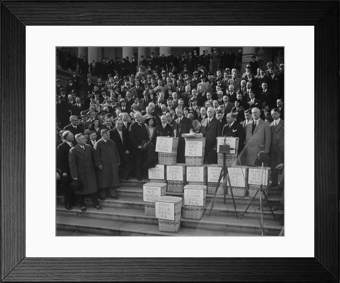 Framed Print : Congress gets huge petition for reduction of federal tax on earned incomes in Dec. 1929. The petition was received by chairmen of the House and Senate Finance Committees