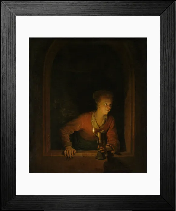 Framed Print : Girl with an Oil Lamp at a Window, by Gerard Dou, 1645-75, Dutch painting, oil on panel. Young women with burning oil lamp, leaning out of a window (BSLOC_2016_3_245)