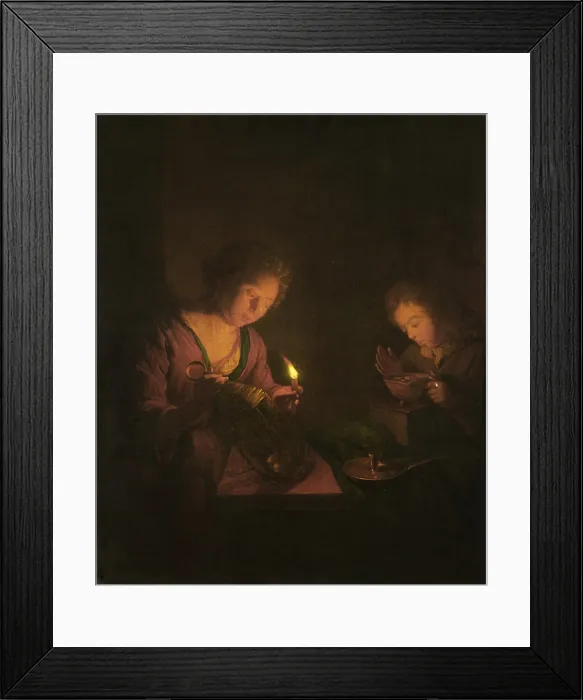 Framed Print : Fire and Light, attributed to Godfried Schalcken, 1690-1706, Dutch painting, oil on canvas Framed Print : Fire and Light, attributed to Godfried Schalcken, 1690-1706, Dutch painting, oil on canvas