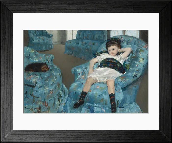 Framed Print : Little Girl in a Blue Armchair, by Mary Cassatt, 1878, American painting, oil on canvas. The girl's pose, sprawled in a large, blue armchair, is authentic and natural