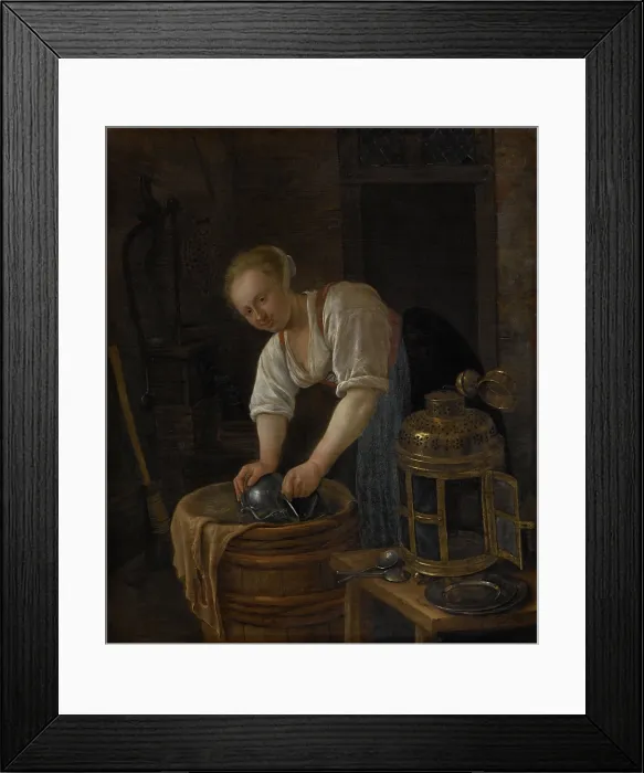 Framed Print : Woman Scouring Metalware, by Jan Steen, 1650-60, Dutch painting, oil on panel. Smiling young woman polishing a metal vessel with dried grass on a barrel Framed Print : Woman Scouring Metalware, by Jan Steen, 1650-60, Dutch painting, oil on panel. Smiling young woman polishing a metal vessel with dried grass on a barrel