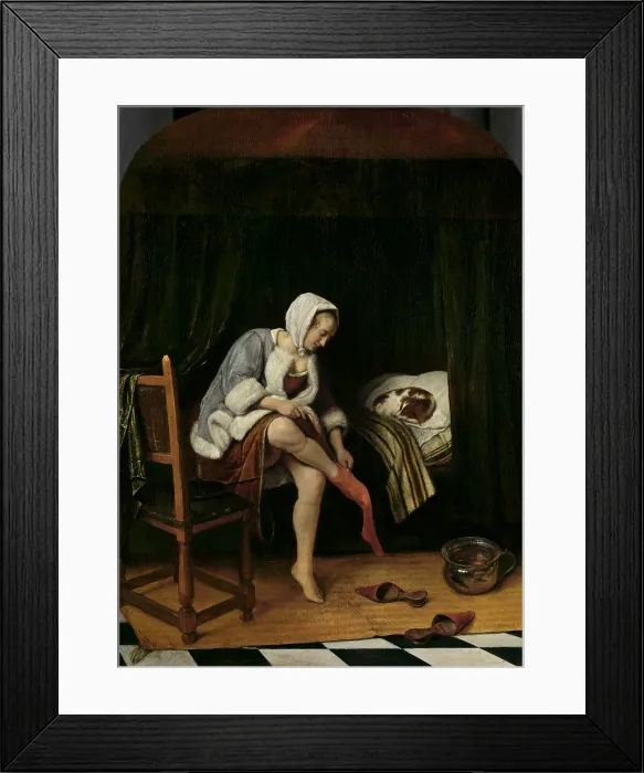 Framed Print : Woman at Her Toilet, by Jan Steen, 1655-60, Dutch painting, oil on panel. Young woman pulling off a stocking as she undresses