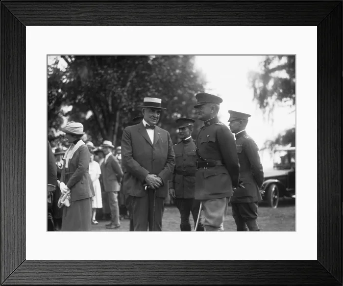 Framed Print : President Warren Harding speaking with Army Chief of Staff General Pershing. Ca. 1921-23. At left is First Lady Florence Harding. (BSLOC_2015_15_30)
