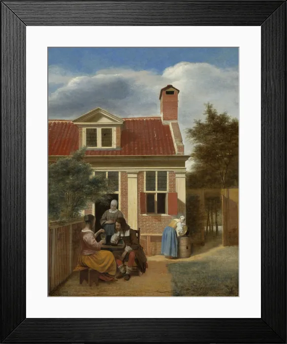 Framed Print : Figures in a Courtyard Behind a House, by Pieter de Hooch, 1663-65, Dutch painting, oil on canvas. Courtship scene with couple at table in a backyard