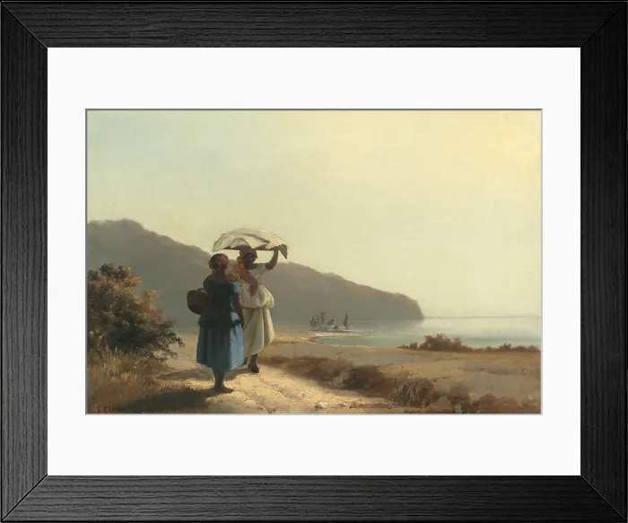 Framed Print : Two Women Chatting by the Sea, St. Thomas, by Camille Pissarro, 1856, French impressionist painting, oil on canvas. Pissarro was born on the Caribbean island of St. Thomas