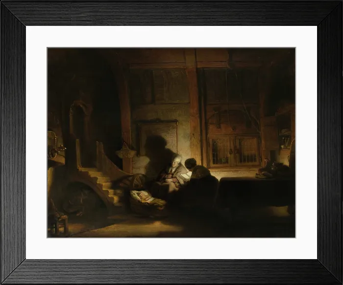 Framed Print : The Holy Family at Night, by workshop of Rembrandt van Rijn, 1642-48, Dutch painting, oil on panel. Interior lit by candlelight, Mary reads from a book