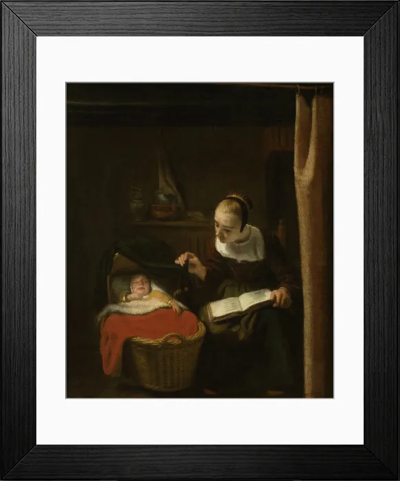 Framed Print : Young Woman at a Cradle, by Nicolaes Maes, 1652 - 1662, Dutch painting, oil on canvas