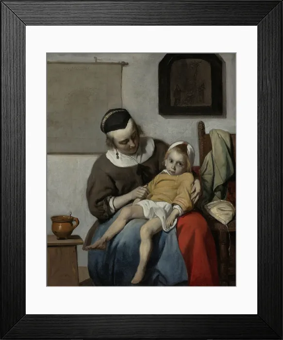 Framed Print : The Sick Child, by Gabriel Metsu, 1664-66, Dutch painting, oil on canvas. A mother sits with a child in her lap