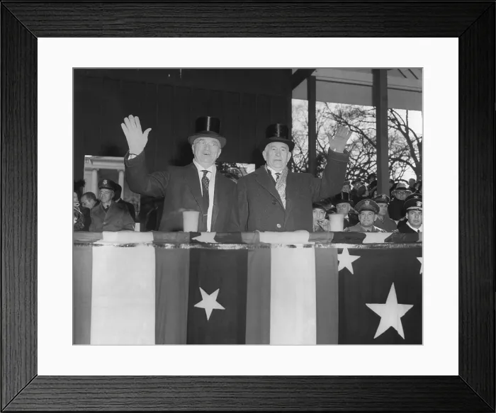 Framed Print : President Harry Truman and VP Alben Barkley wave to cameras during the Inaugural parade. Jan. 20, 1949. - (BSLOC_2014_15_61) Framed Print : President Harry Truman and VP Alben Barkley wave to cameras during the Inaugural parade. Jan. 20, 1949. - (BSLOC_2014_15_61)