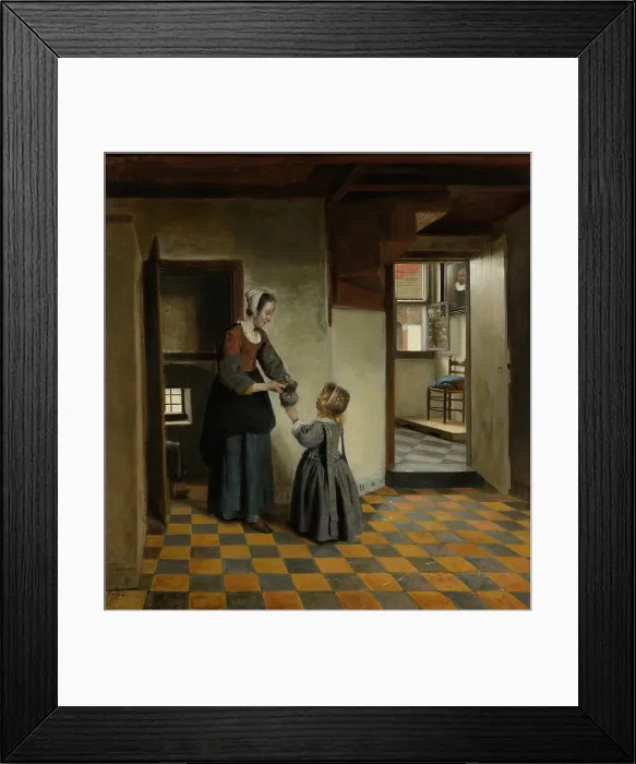 Framed Print : Woman with a Child in a Pantry, by Pieter de Hooch, c. 1656-60, Dutch painting, oil on canvas. The interior space moves through a doorways on right and into the cellar on left Framed Print : Woman with a Child in a Pantry, by Pieter de Hooch, c. 1656-60, Dutch painting, oil on canvas. The interior space moves through a doorways on right and into the cellar on left