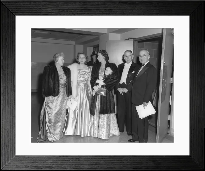 Framed Print : Presidential party arrives at the Truman-Barkley Dinner at the Mayflower Hotel, Jan. 18, 1948. L-R: First Lady Bess Truman; Margaret Truman; Mrs Framed Print : Presidential party arrives at the Truman-Barkley Dinner at the Mayflower Hotel, Jan. 18, 1948. L-R: First Lady Bess Truman; Margaret Truman; Mrs