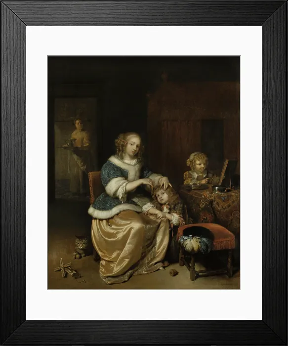 Framed Print : Interior with a Mother Combing her Child's Hair, by Caspar Netscher, 1669, Dutch oil painting. Painting is also knows as Maternal Care