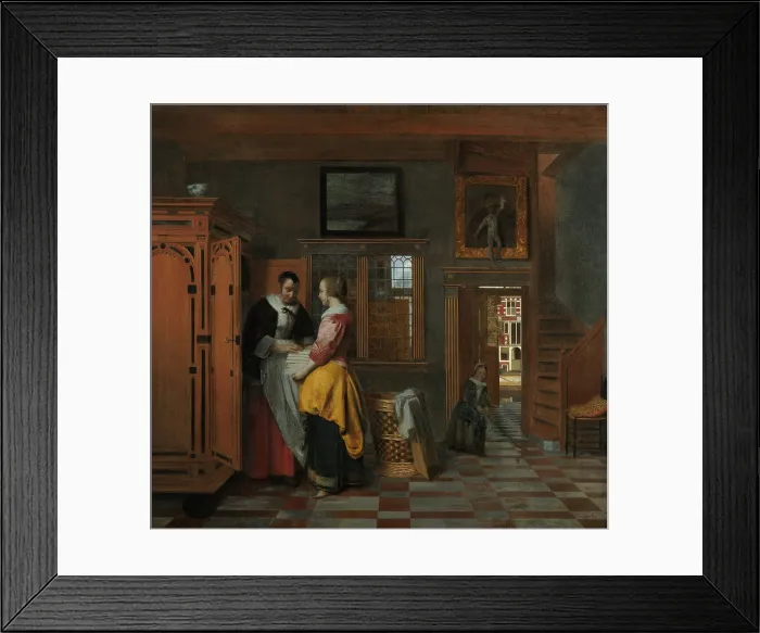 Framed Print : Interior with Women Beside a Linen Cupboard, by Pieter de Hooch, 1663, Dutch painting, oil on canvas. A mother and daughter put freshly pressed linen into a cupboard Framed Print : Interior with Women Beside a Linen Cupboard, by Pieter de Hooch, 1663, Dutch painting, oil on canvas. A mother and daughter put freshly pressed linen into a cupboard