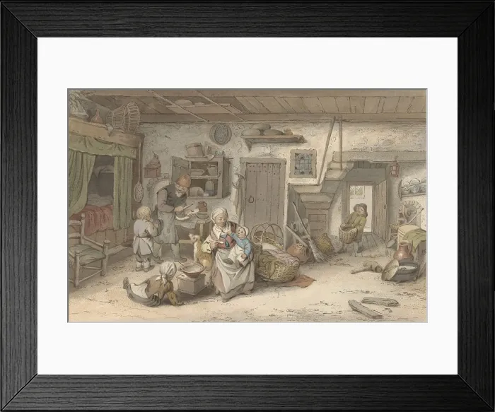 Framed Print : Interior with Peasant Family, by Christiaan Josi, 1821, Dutch print, colored etching on paper Framed Print : Interior with Peasant Family, by Christiaan Josi, 1821, Dutch print, colored etching on paper