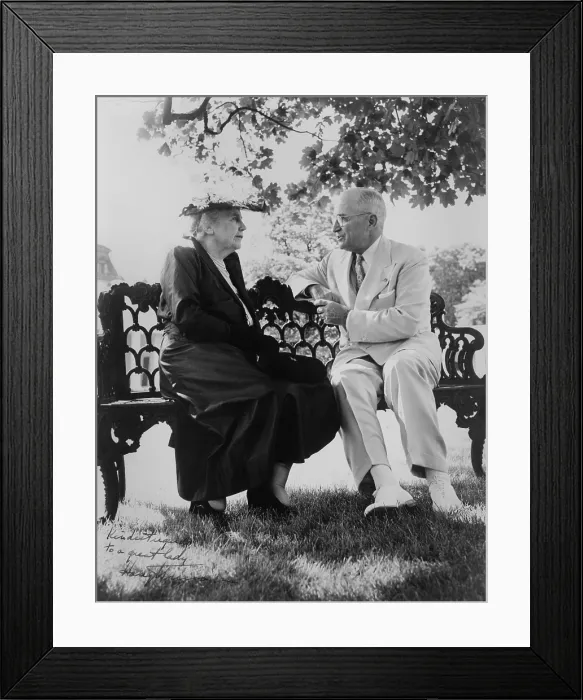 Framed Print : President Harry Truman and Edith Bolling Galt Wilson seated on outdoor bench. June 3, 1952