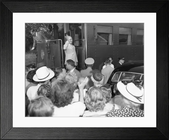 Framed Print : President Harry Truman on the Presidential train at a campaign stop in Willard, Missouri. July 5, 1948. - (BSLOC_2014_15_53)