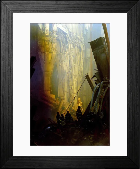 Framed Print : Firemen and rescue workers conduct search and rescue attempts in the debris of the World Trade Center in New York City after the 9 / 11 terrorists attacks. Sept