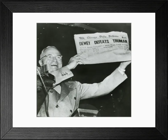 Framed Print : Harry S. Truman, president-elect, holds up edition of Chicago Daily Tribune with headline Dewey Defeats Truman Framed Print : Harry S. Truman, president-elect, holds up edition of Chicago Daily Tribune with headline Dewey Defeats Truman