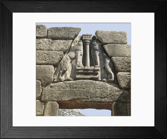 Framed Print : Lion Gate. s.XIV BC. GREECE. Mycenae. Gate of the second stage (1350-1330 BC) located in the north of the wall. Lions over the lintel. Detail. Mycenaean art