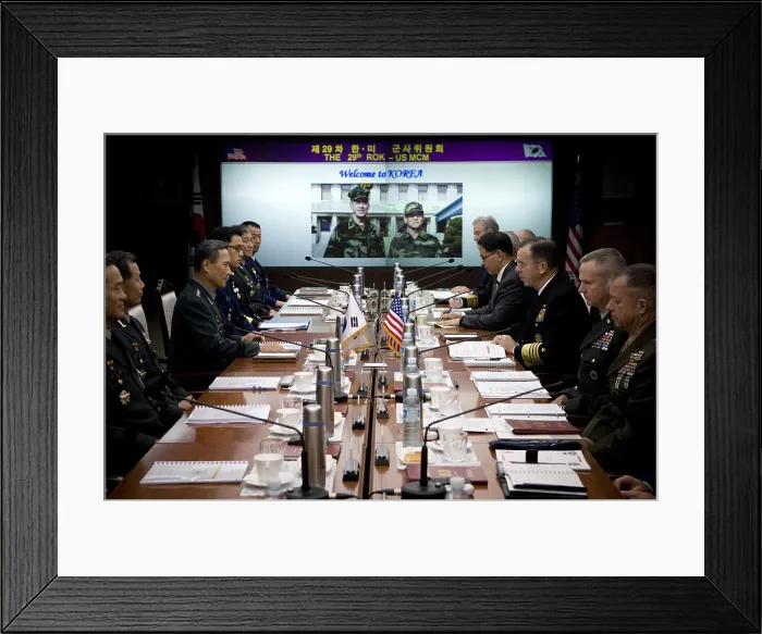 Framed Print : US Admiral Mike Mullen center right sits across the table from his South Korean counterpart center left to discuss transferring wartime operational control of Korean troops to Framed Print : US Admiral Mike Mullen center right sits across the table from his South Korean counterpart center left to discuss transferring wartime operational control of Korean troops to