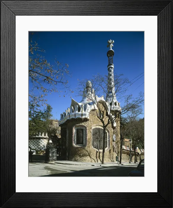 Framed Print : GAUDI i CORNET, Antoni (1852-1926). Park GUell. 1900-1914. SPAIN. Barcelona. Park GUell. Park GUell. Pavilion, formerly the lodge. Modernism. Architecture Framed Print : GAUDI i CORNET, Antoni (1852-1926). Park GUell. 1900-1914. SPAIN. Barcelona. Park GUell. Park GUell. Pavilion, formerly the lodge. Modernism. Architecture