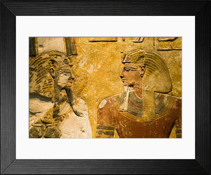 Framed Print : Pharaoh Seti I and god Osiris. Piece of a column. 1290 BC. Egyptian art. New Kingdom. Painting; Relief. GERMANY. Berlin. Altes Museum