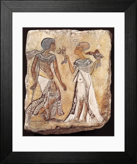 Framed Print : Walk in the garden. 1350 BC. 18th Dynasty. Polychrome bas-relief. Amarna Period. Posible representation of Smenkhkare with Meritaten or Akhenaten with Nefertiti. Egyptian art