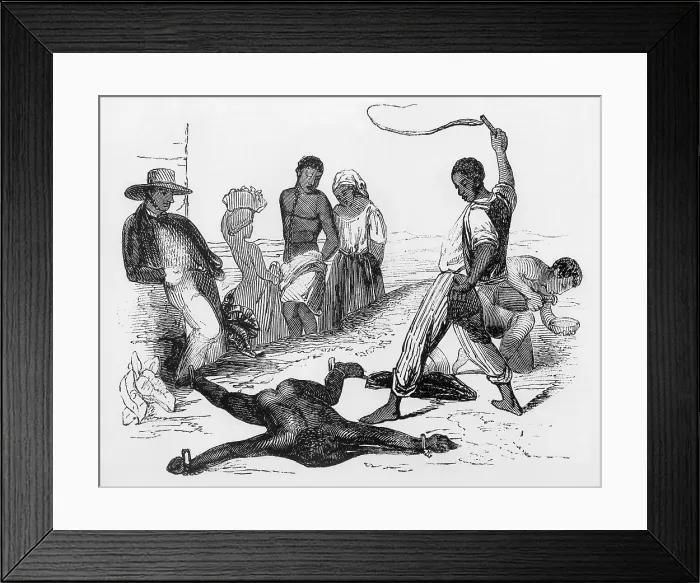 Framed Print : Slave punishment in the French West Indies, in which the victim was whipped while helplessly bound to four stakes. Ca. 1840
