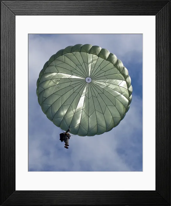 Framed Print : Soldier of the 82nd Airborne descends from a parachute drop over the Klute Drop Zone in Beach Hill West Virginia. Aug. 19 2010. (BSLOC_2011_12_266)