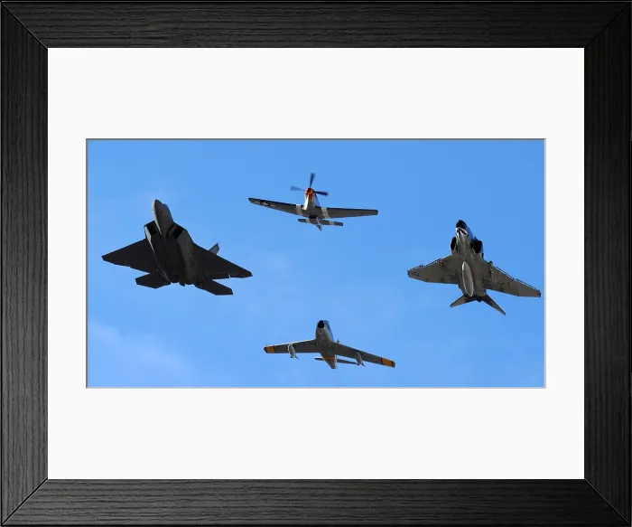 Framed Print : 70 years of Air Force fighters fly in formation. From left clockwise F-22 Raptor aircraft P-51 Mustang propeller fighter F-4 Phantom jet F-86 Sabre jet. (BSLOC_2011_12_226) Framed Print : 70 years of Air Force fighters fly in formation. From left clockwise F-22 Raptor aircraft P-51 Mustang propeller fighter F-4 Phantom jet F-86 Sabre jet. (BSLOC_2011_12_226)