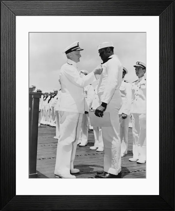 Framed Print : Doris Dorie Miller (1919-1943), receives the Navy Cross from Admiral Chester W. Nimitz at Pearl Harbor on May 27, 1942