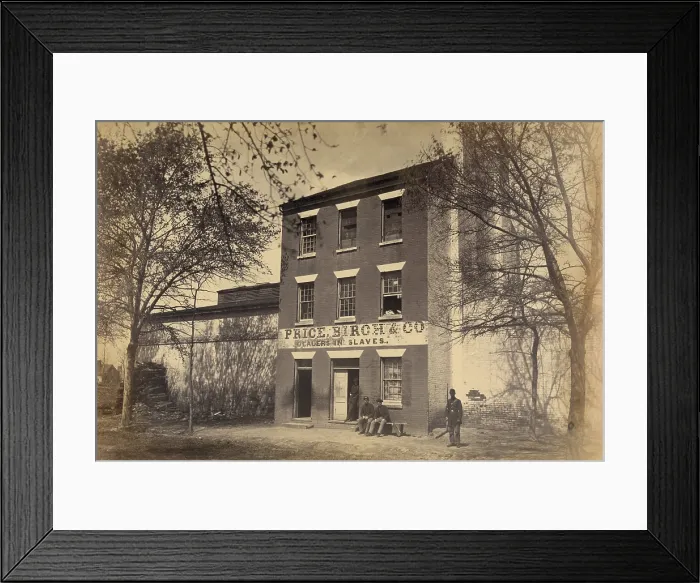 Framed Print : Union army guard and other men in front of a building designated Price, Birch & Co. Dealers in Slaves, in Alexandria, Virginia. Ca. 1863 Framed Print : Union army guard and other men in front of a building designated Price, Birch & Co. Dealers in Slaves, in Alexandria, Virginia. Ca. 1863
