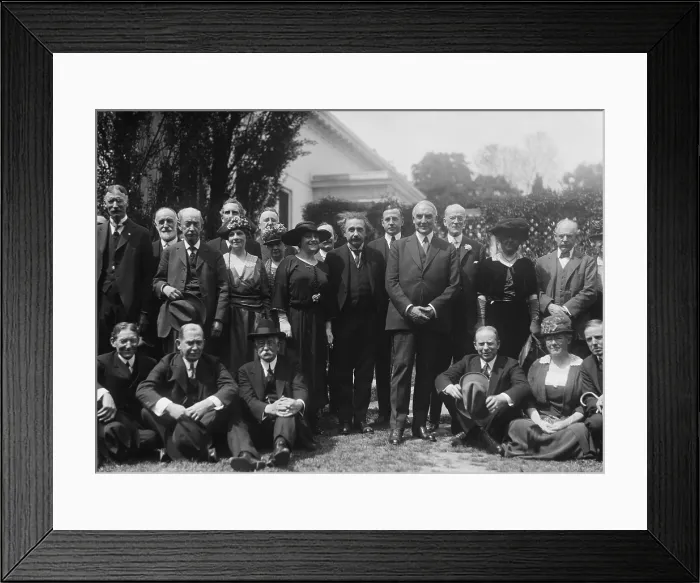 Framed Print : White House group with physicist Albert Einstein and President Warren Harding. Einstein's second wife, Elsa Lowenthal, stands next to her husband, April 25, 1921