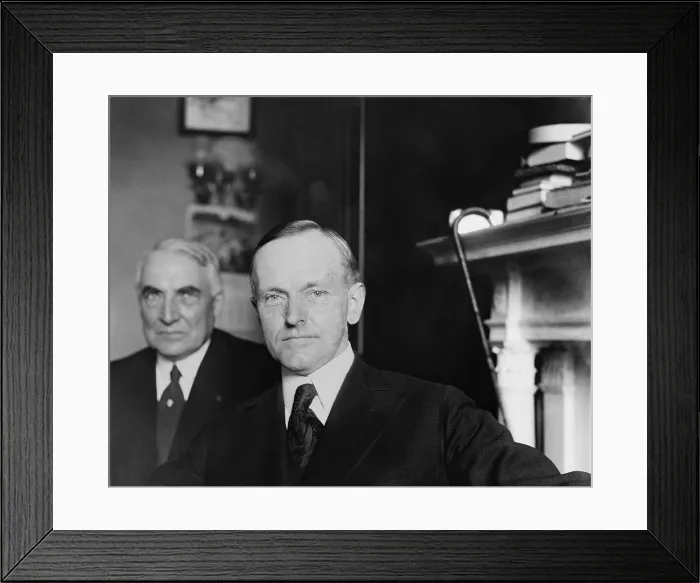 Framed Print : 1920 Republican Vice Presidential nominee, Governor Calvin Coolidge of Massachusetts. In the background is Senator Warren Harding, who was elected President Framed Print : 1920 Republican Vice Presidential nominee, Governor Calvin Coolidge of Massachusetts. In the background is Senator Warren Harding, who was elected President