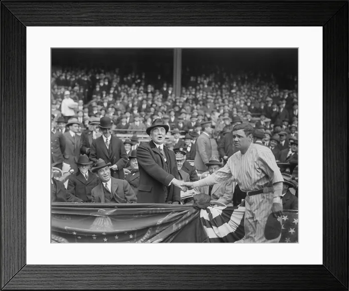 Framed Print : President Warren Harding shakes hands with Babe Ruth at Yankee Stadium, April 24, 1923. (BSLOC_2015_15_50) Framed Print : President Warren Harding shakes hands with Babe Ruth at Yankee Stadium, April 24, 1923. (BSLOC_2015_15_50)