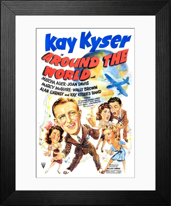 Framed Print : AROUND THE WORLD, US poster, from left: Marcy McGuire, Kay Kyser, Joan Davis, Mischa Auer, Georgia Carroll (far bottom right), 1943