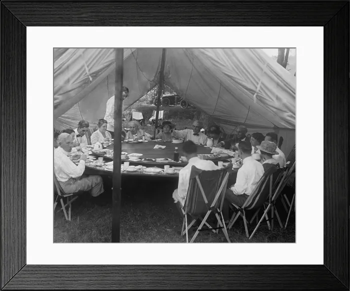 Framed Print : President Warren Harding has lunch in a tent, with Thomas Edison and Henry Ford (on right) Framed Print : President Warren Harding has lunch in a tent, with Thomas Edison and Henry Ford (on right)