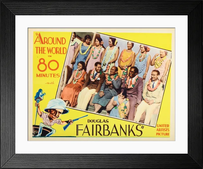 Framed Print : AROUND THE WORLD IN 80 MINUTES, lobbycard, director Douglas Fairbanks (hand on neck), Duke Kahanamoku (purple suit), director Victor Fleming (front right), 1931