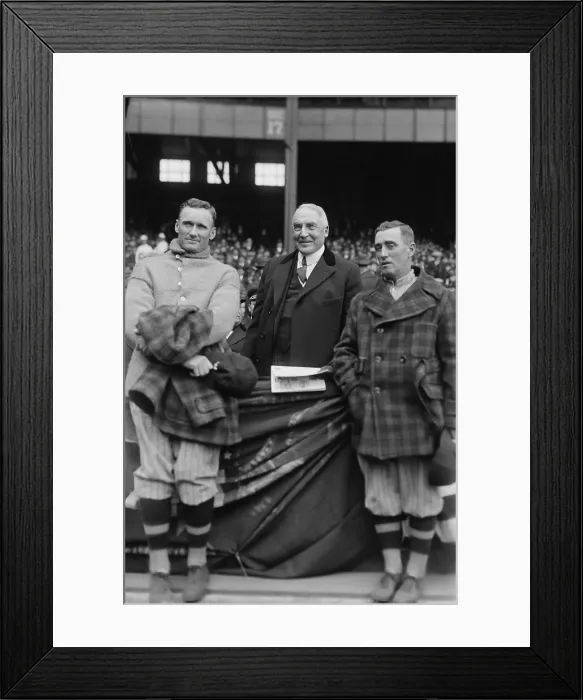 Framed Print : President Warren Harding poses with Baseball players, Leslie Bush and Walter Johnson (left). Yankee Stadium, New York City, April 24, 1923. (BSLOC_2015_15_49)