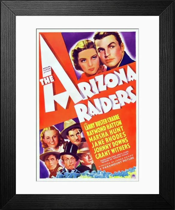 Framed Print : THE ARIZONA RAIDERS, US poster, top from left: Marsha Hunt, Buster Crabbe, center from left: Betty Jane Rhodes, Grant Withers, bottom from left: Johnny Downs, Raymonf Hatton