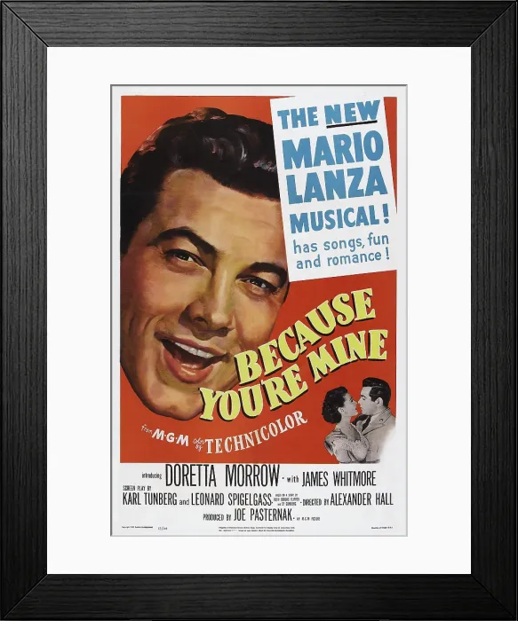 Framed Print : BECAUSE YOU'RE MINE, US poster, Mario Lanza, face to face from left: Doretta Morrow, Mario Lanza, 1952