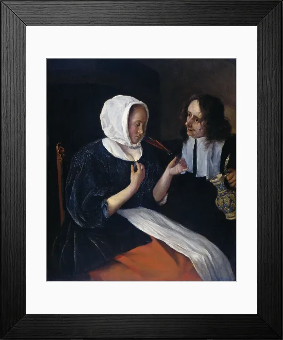 Framed Print : A Couple Drinking, by Jan Steen, 1660-79, Dutch painting, oil on panel. A young man with a jug of wine is seated next to a young woman taking a sip from a flute glass