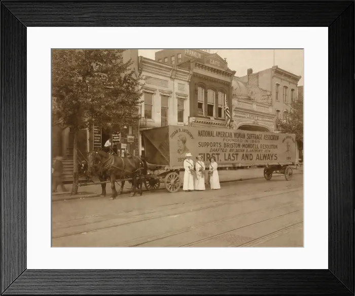 Framed Print : In 1914 a horse drawn float declares National American Woman Suffrage Association's support for Bristow-Mondell Resolution drafted by Susan B. Anthony, 1874
