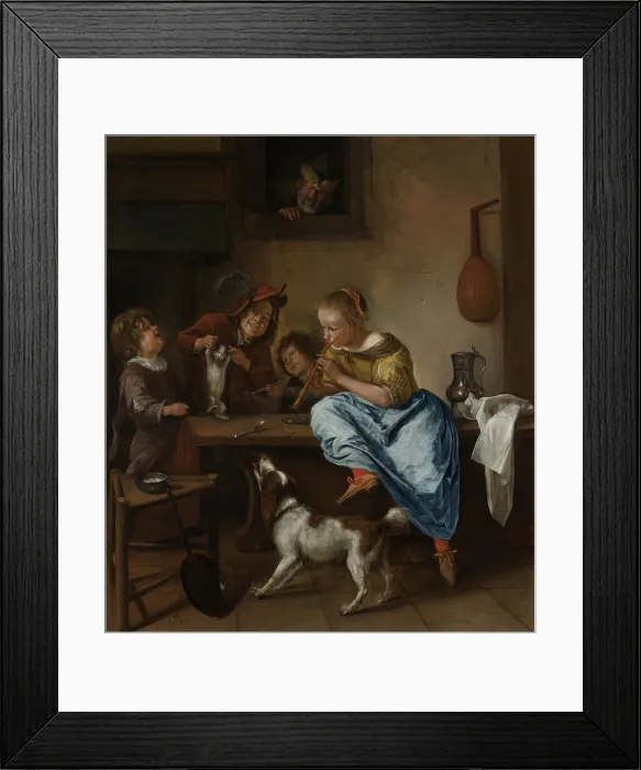 Framed Print : Children Teaching a Cat to Dance, by Jan Steen, 1660-79, Dutch painting, oil on panel. Also known as The Dancing Lesson