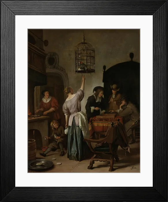 Framed Print : Interior with a Woman Feeding a Parrot, Jan Steen, 1660-70, Dutch painting, oil on canvas and panel. Also known as The Parrot Cage Framed Print : Interior with a Woman Feeding a Parrot, Jan Steen, 1660-70, Dutch painting, oil on canvas and panel. Also known as The Parrot Cage