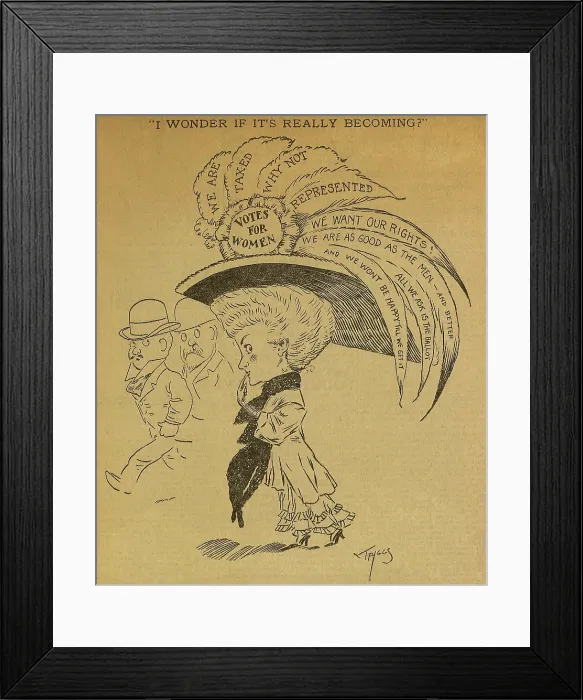Framed Print : 1891 American political cartoon captioned, I wonder if it's really becoming
