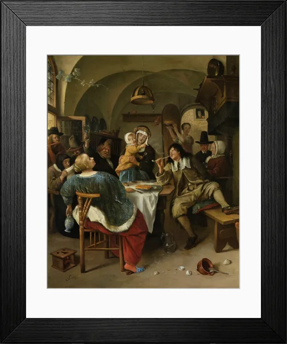 Framed Print : Family Scene, Jan Steen, 1660-79, oil on panel, Dutch painting, oil on panel. Family singing and dancing around a table with raised glass, food, and flute playing Framed Print : Family Scene, Jan Steen, 1660-79, oil on panel, Dutch painting, oil on panel. Family singing and dancing around a table with raised glass, food, and flute playing