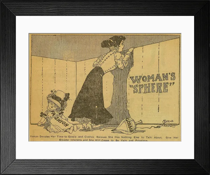 Framed Print : Political cartoon shows woman peering over a fence labeled Woman's Sphere while her toys Fashion and gossip lay abandoned Framed Print : Political cartoon shows woman peering over a fence labeled Woman's Sphere while her toys Fashion and gossip lay abandoned