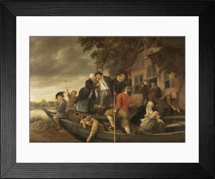 Framed Print : The Merry Homecoming, by Jan Steen, 1670-79, Dutch painting, oil on canvas. A drunken man is helped into a boat after leaving the inn in right background